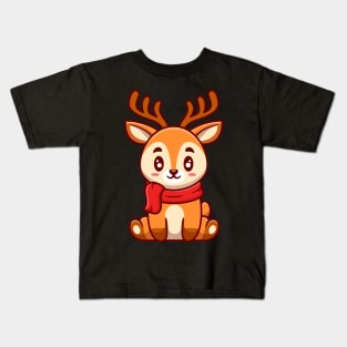 Cute Deer Sitting And Wearing Scarf Cartoon Kids T-Shirt